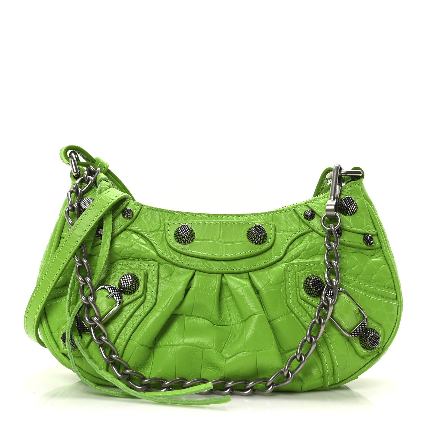 Balenciaga Extra Supple Calfskin Crocodile Embossed Le Cagole Mini Purse With Chain Acid Green