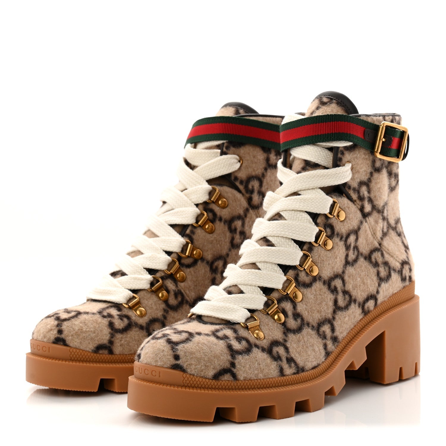 Gucci Covered Wool Big GG Monogram Womens Lace Up Combat Ankle Boots 39 Beige Ebony Cocoa