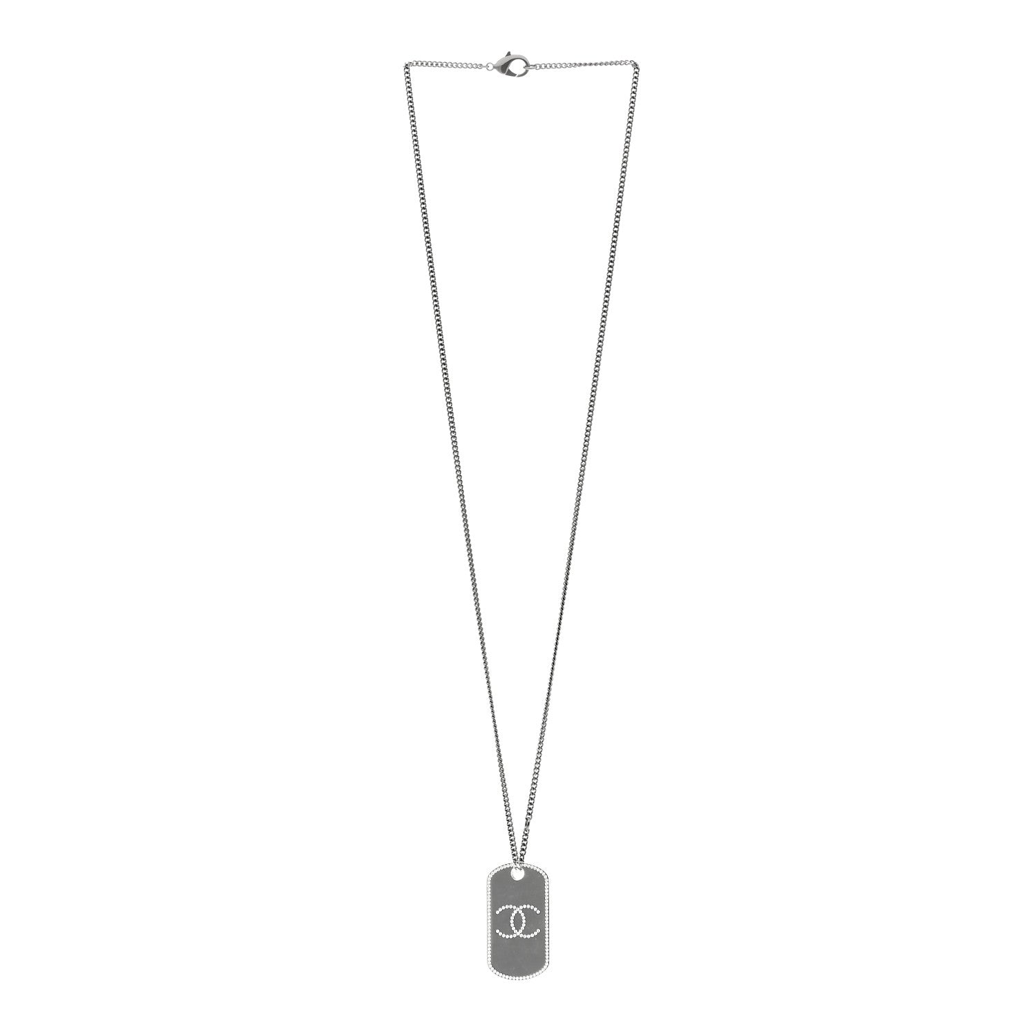 Chanel Metal Crystal Ruthenium Dog Tag Charm Necklace Black