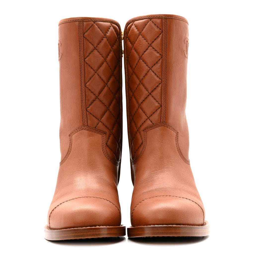 Chanel Calfskin CC Logo Mid Calf Boots 39 Brown