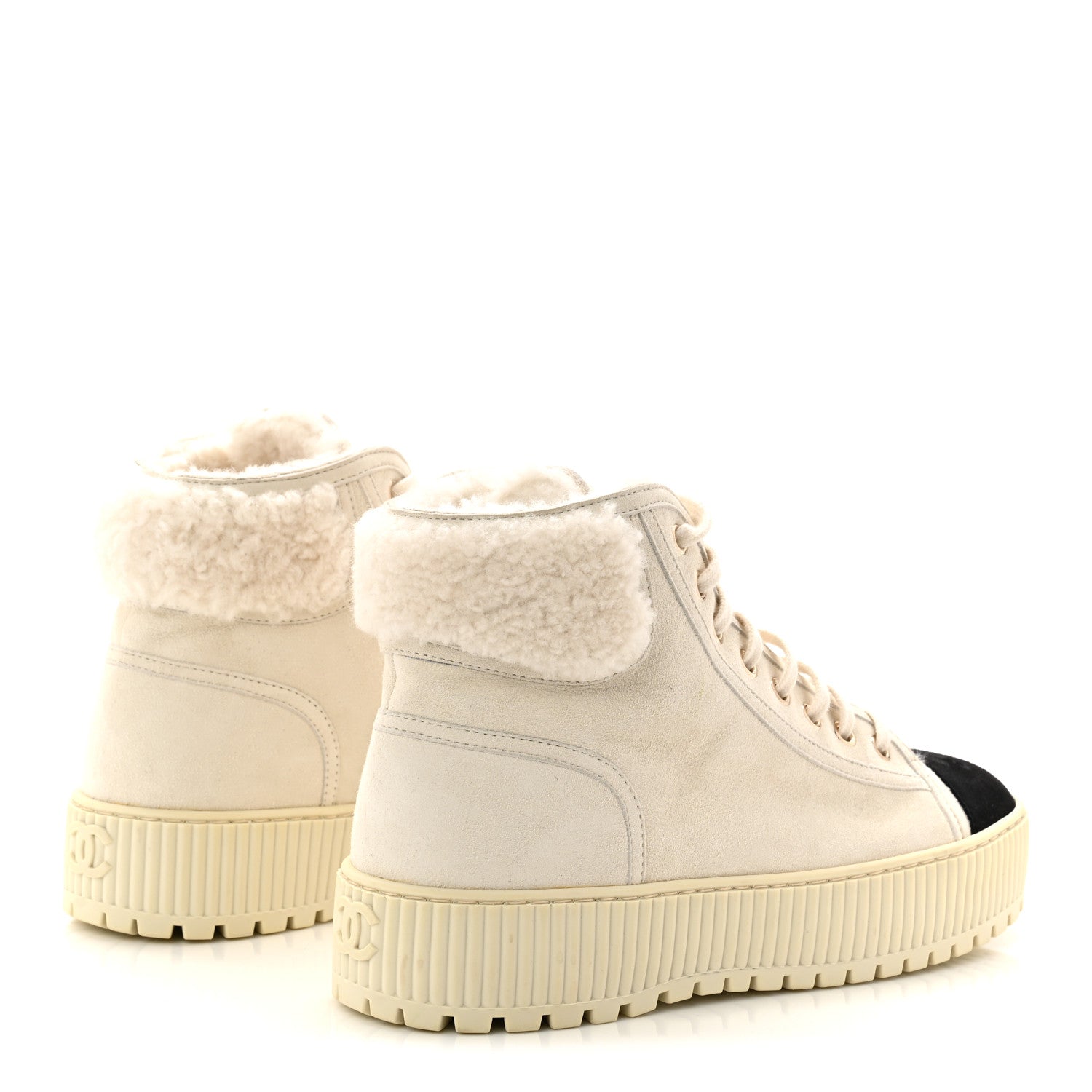 Chanel Kid Suede Shearling Sheepskin Lace Up Boots 38 Ivory White Black