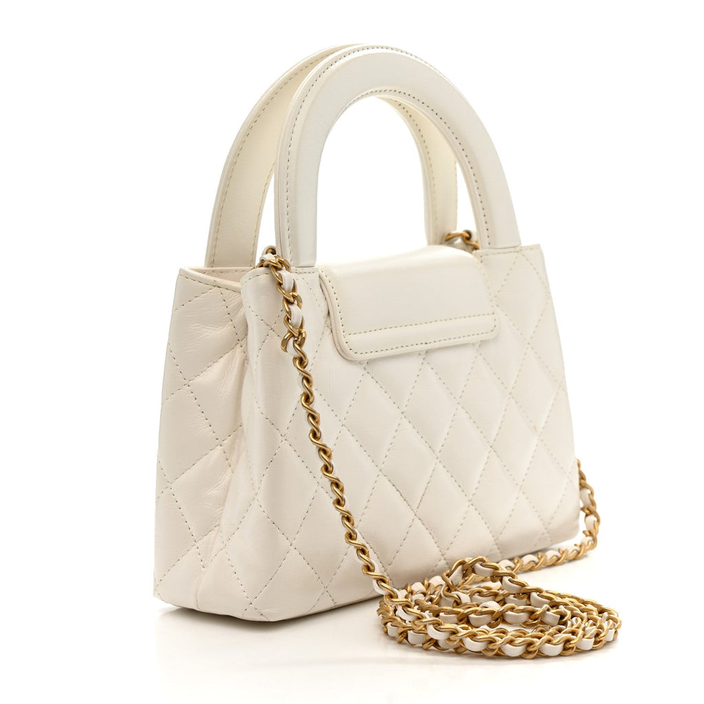 Chanel Shiny Aged Calfskin Quilted Nano Kelly Shopper White