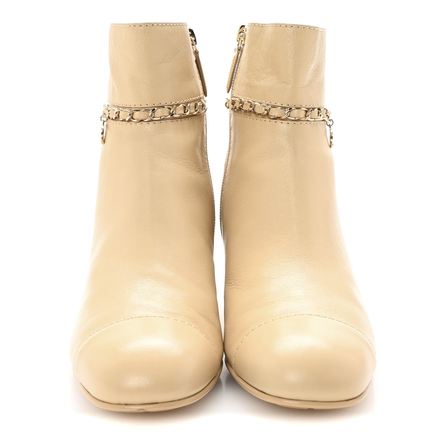 Chanel Calfskin Cap Toe Chain Short Boots 41 Beige