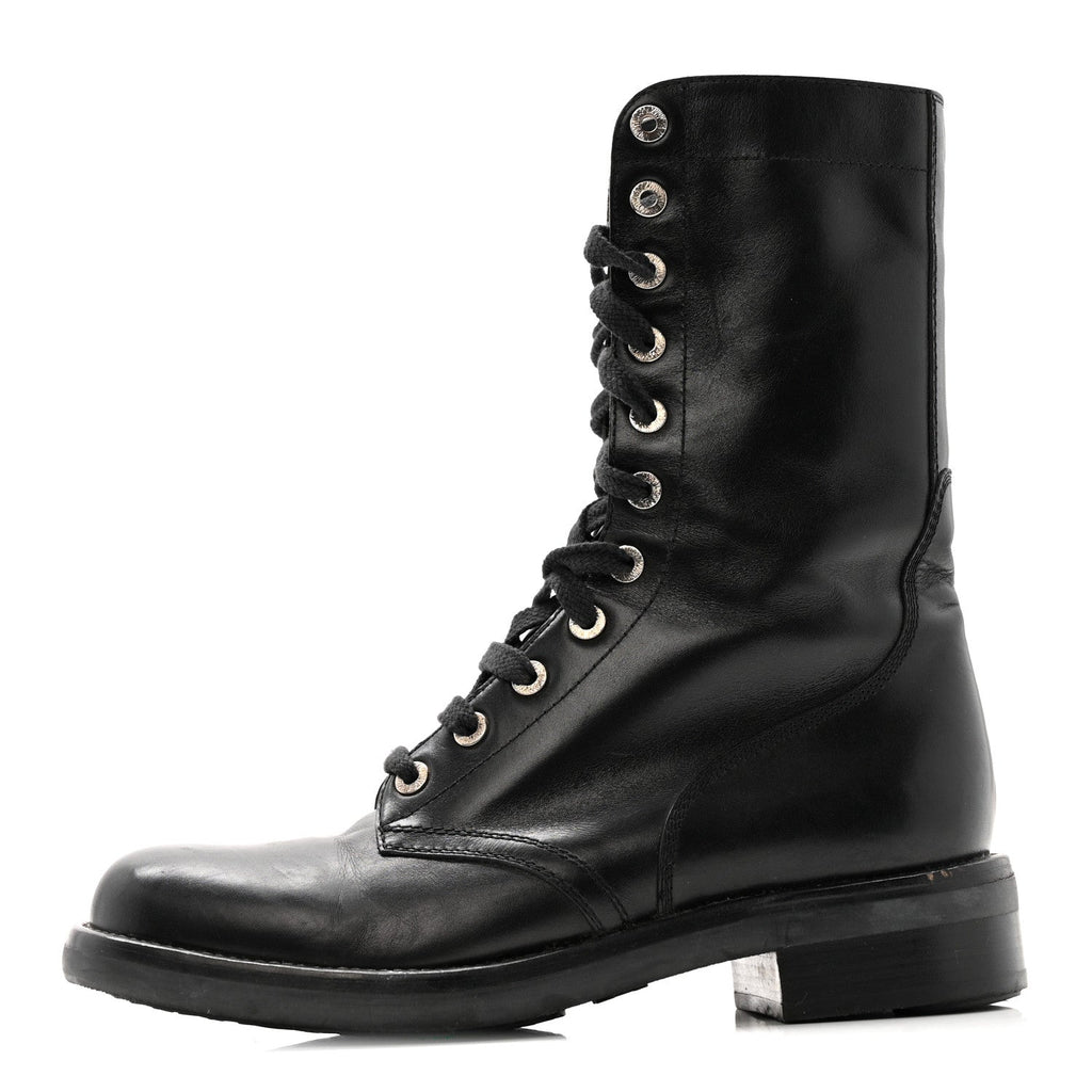 Chanel Calfskin Lace Up Combat Boots  39.5 Black