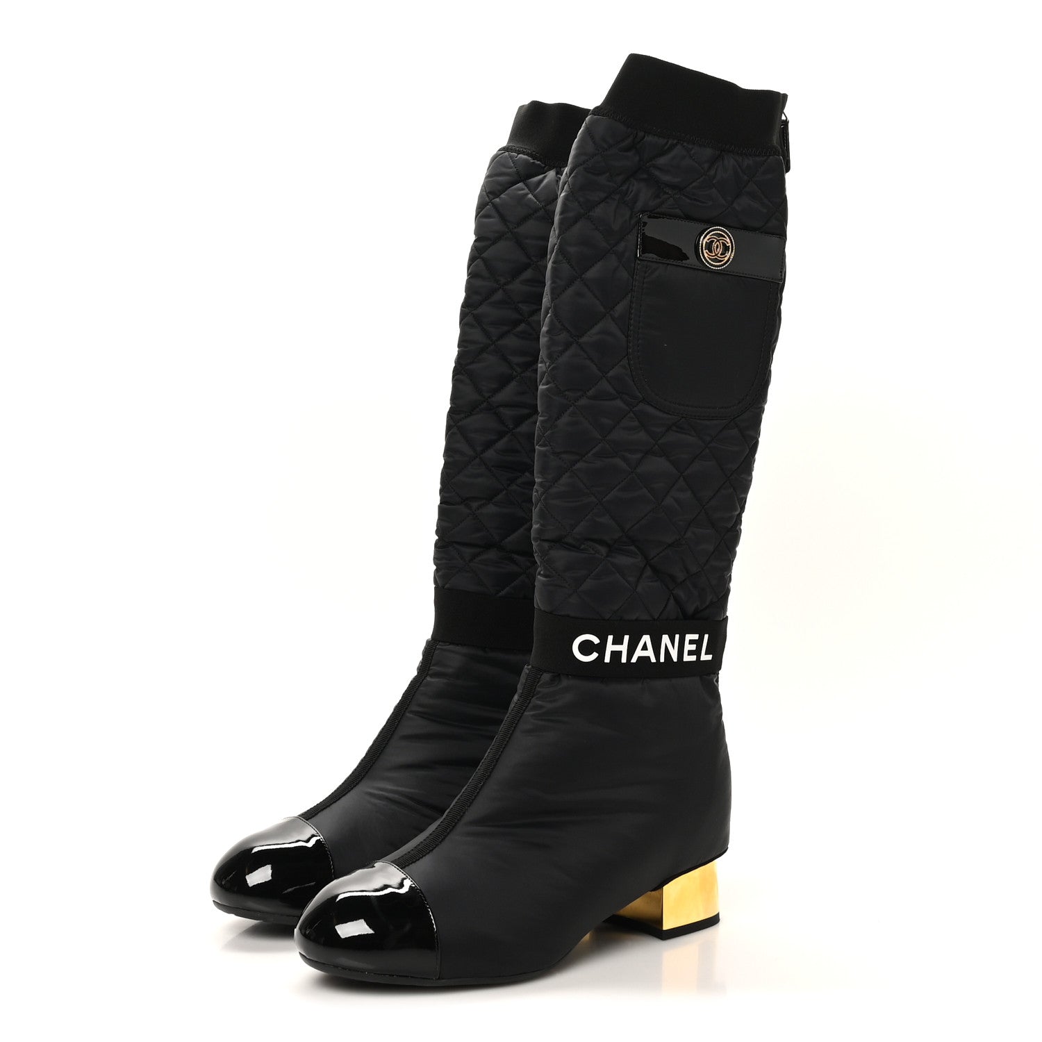 Chanel Mixed Fibers Lambskin Patent Calfskin Convertible High Boots 38.5 Black
