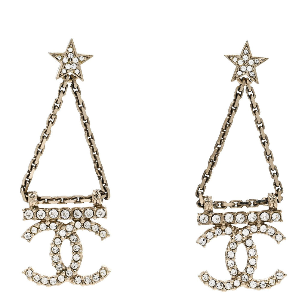 Chanel Crystal Star Drop CC Earrings Gold