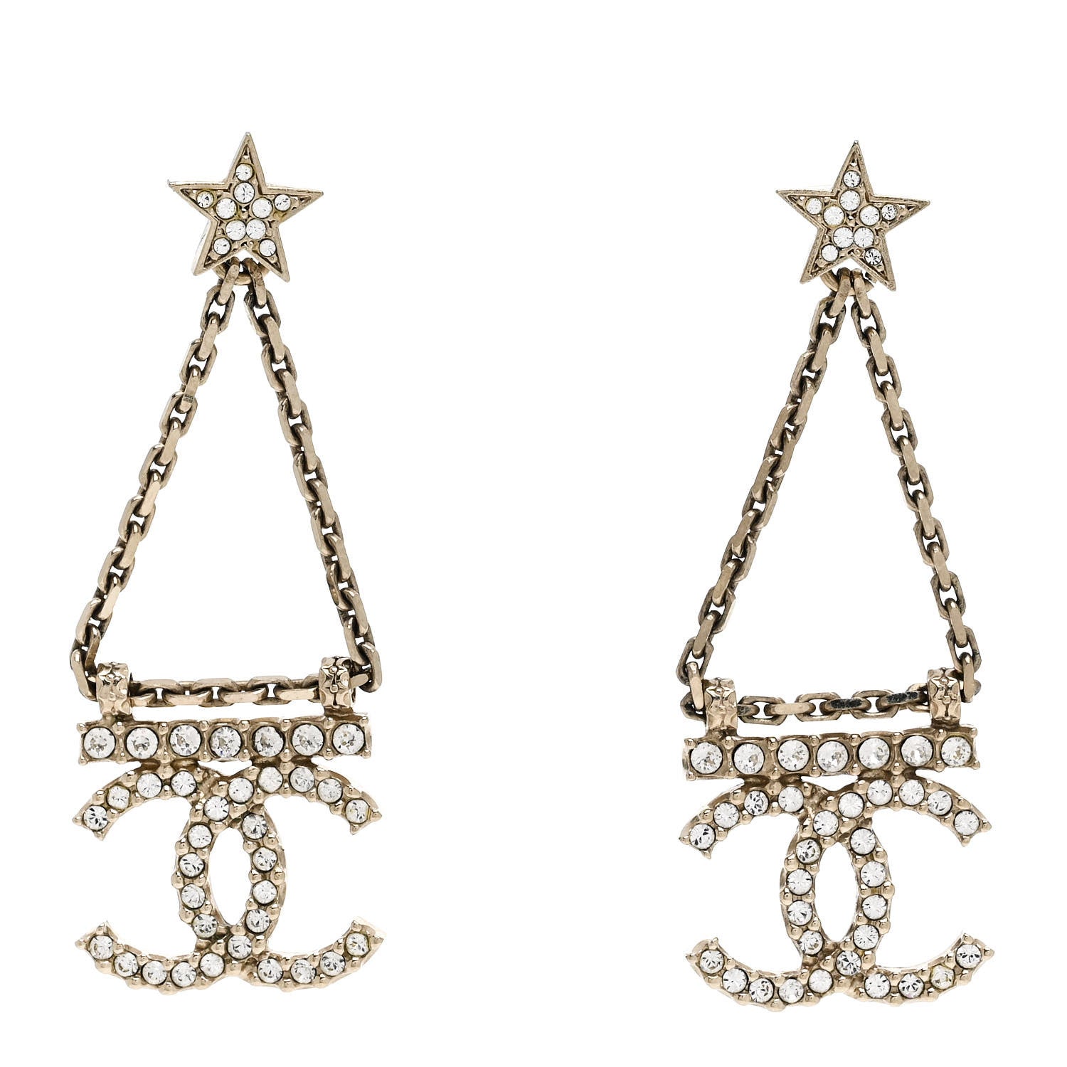 Chanel Crystal Star Drop CC Earrings Gold