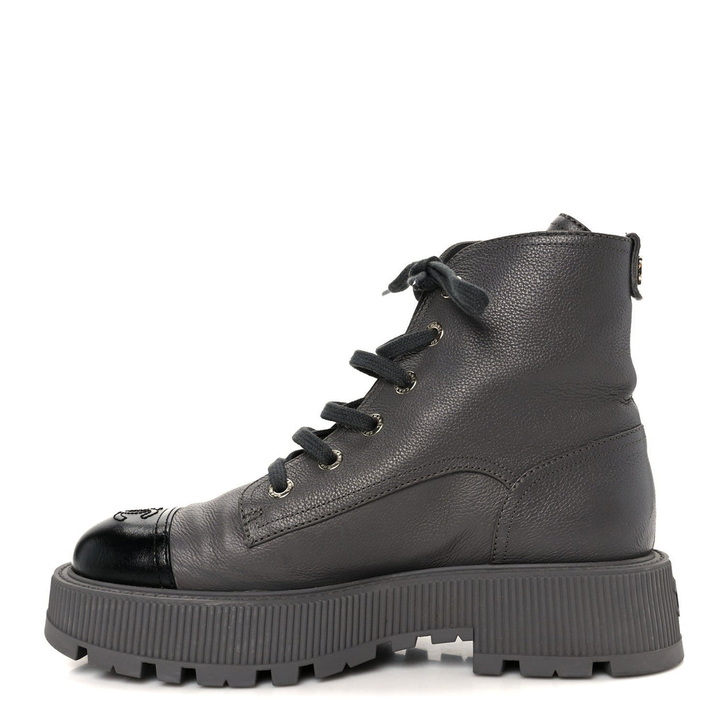 Chanel Grained Calfskin Shiny Calfskin CC Lace Up Combat Boots 41 Gray Black