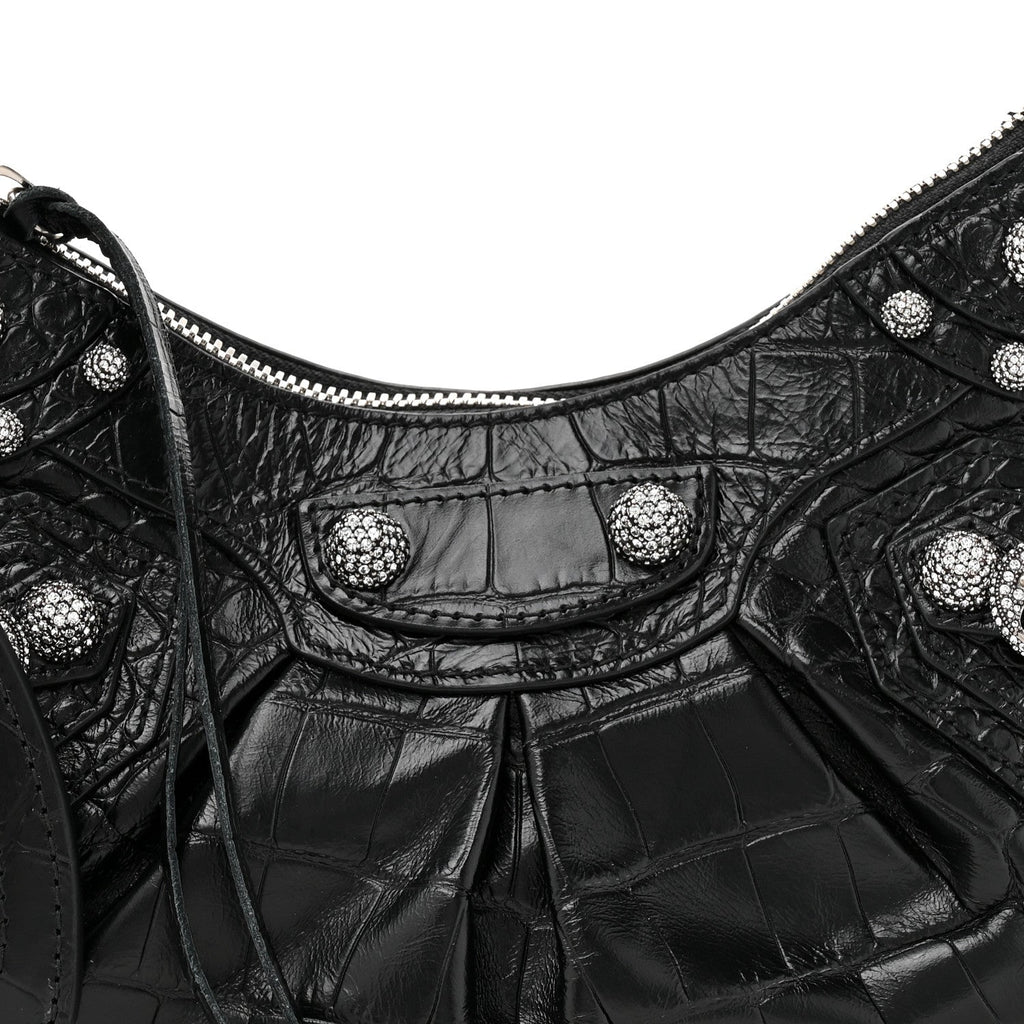 Balenciaga Extra Supple Calfskin Crystal Crocodile Embossed Le Cagole Shoulder Bag XS Black