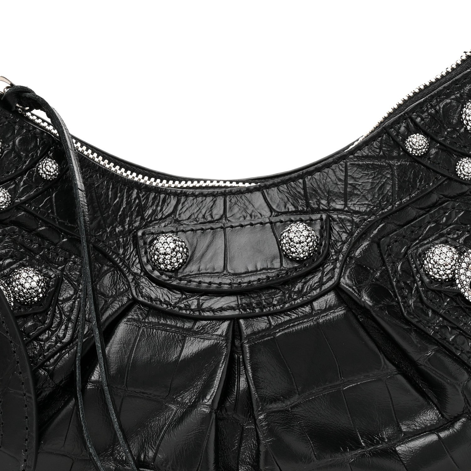 Balenciaga Extra Supple Calfskin Crystal Crocodile Embossed Le Cagole Shoulder Bag XS Black