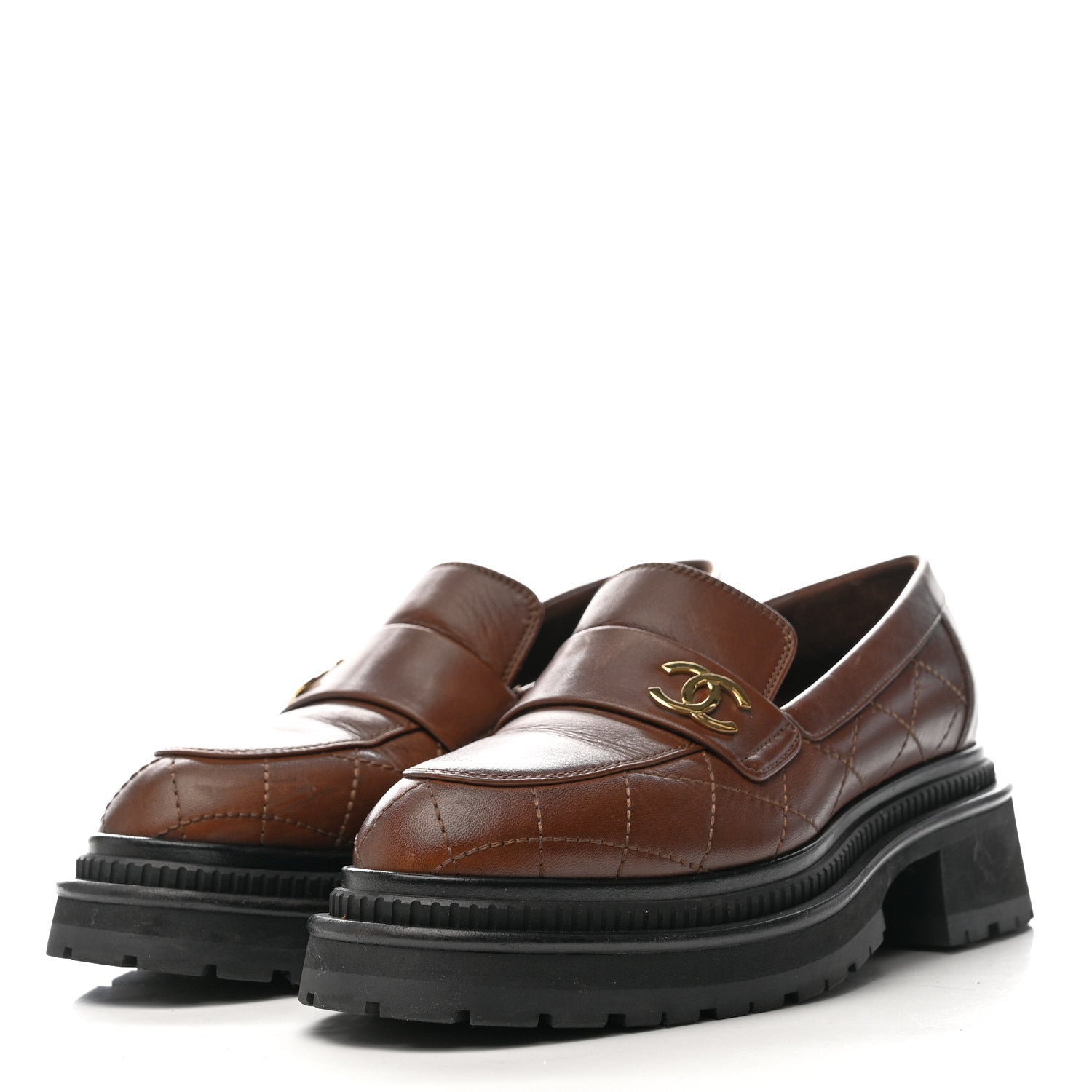 Chanel Calfskin Quilted CC Mocassin Loafers 36 Brown
