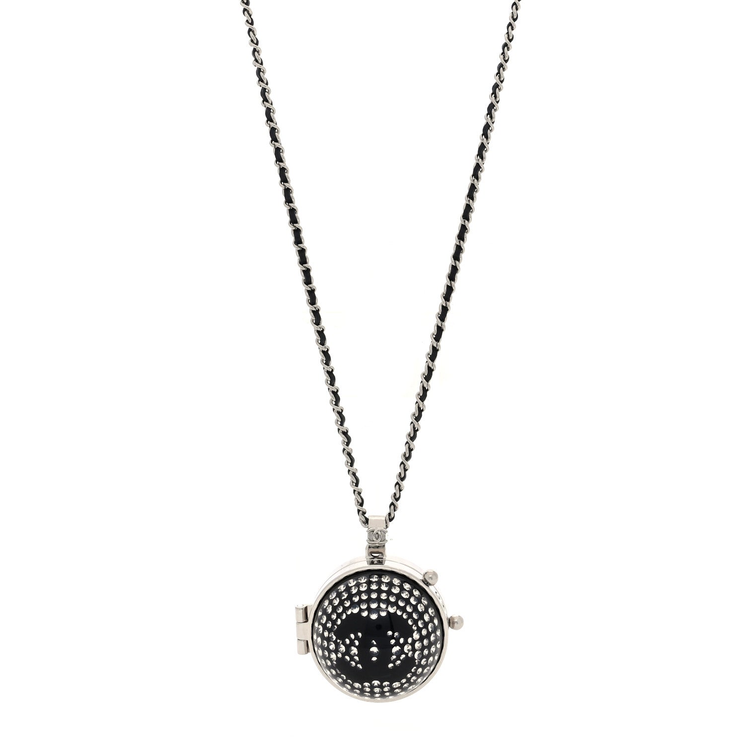 Chanel Resin Crystal Lambskin Ball Mirror Necklace Black Silver