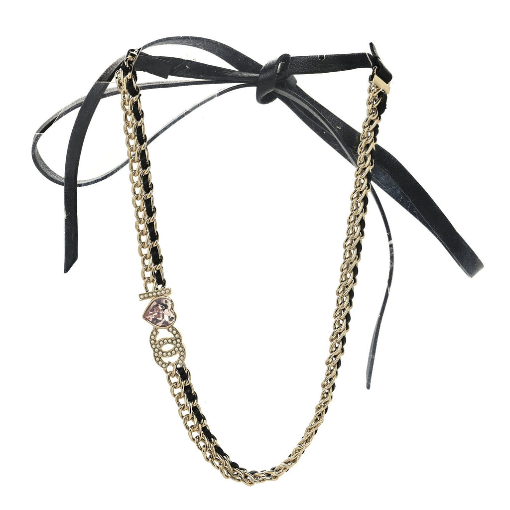 Chanel Metal Lambskin Crystal I Heart CC Choker Necklace Gold Black