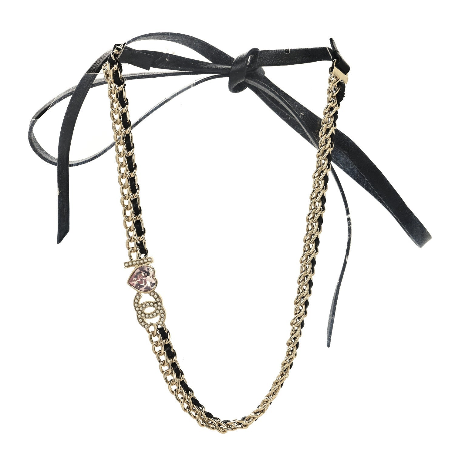 Chanel Metal Lambskin Crystal I Heart CC Choker Necklace Gold Black