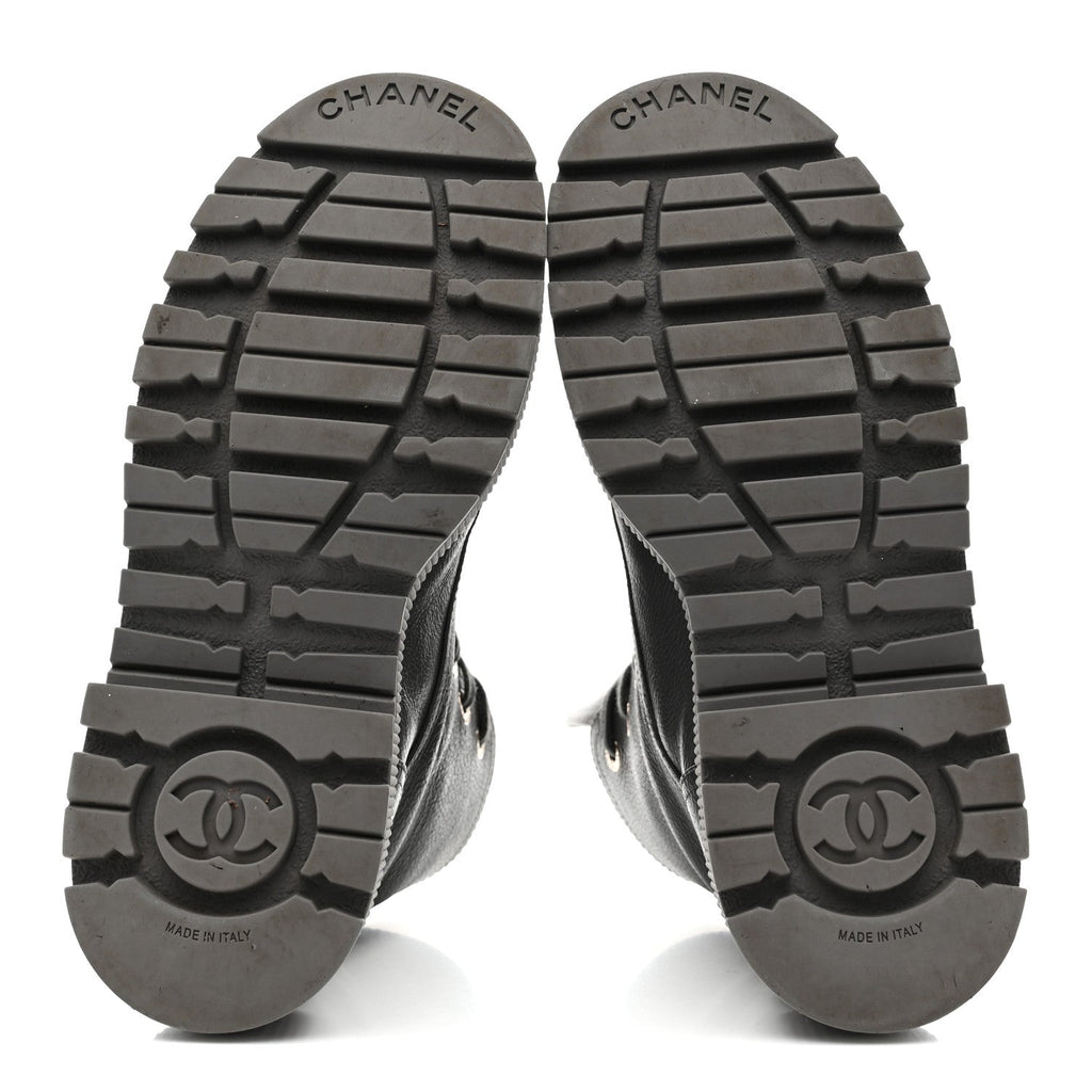 Chanel Calfskin CC Lace Up Combat Boots 39 Gray