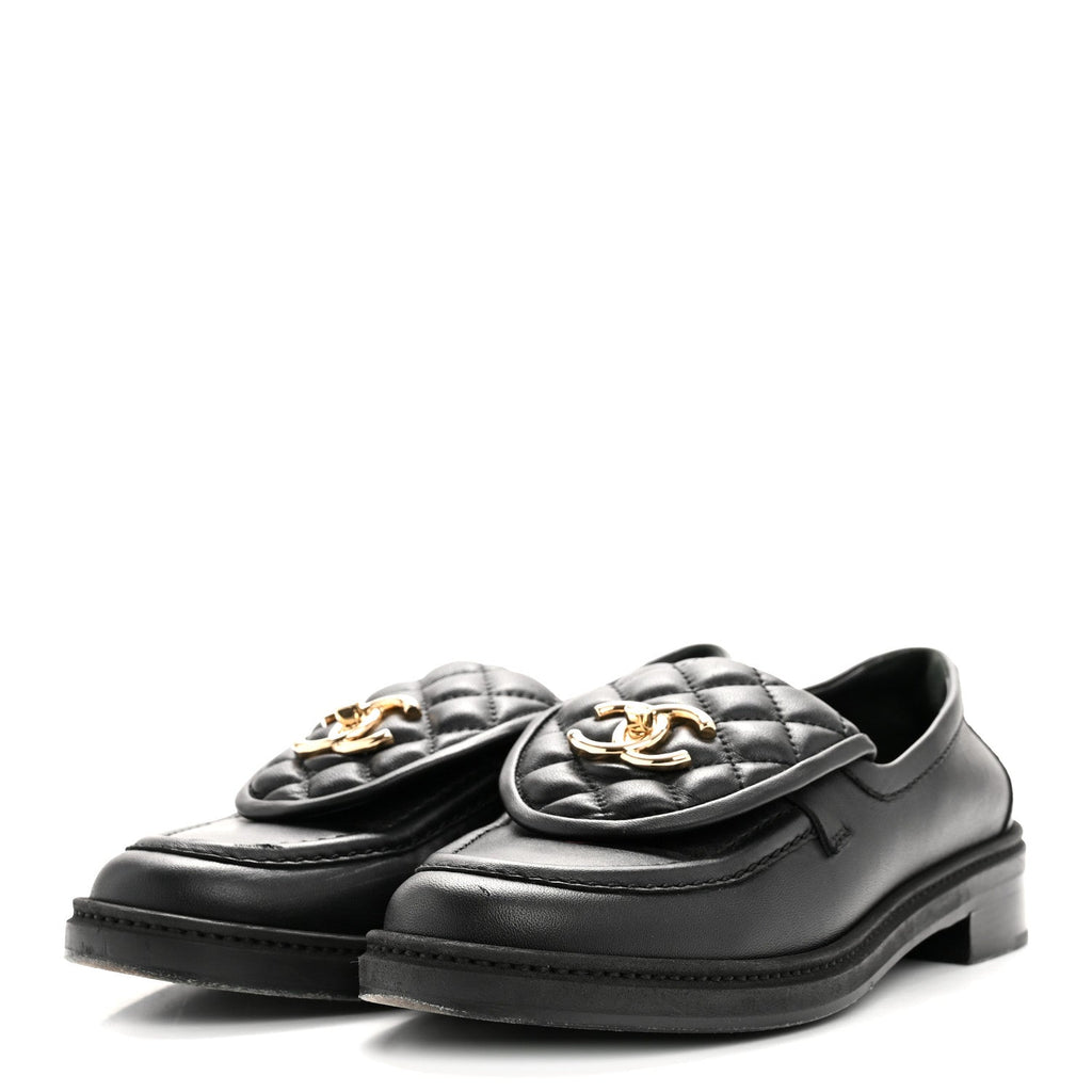Chanel Lambskin Quilted CC Turnlock Loafers 38 Black