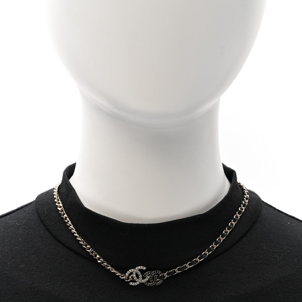 Chanel Metal Calfskin Crystal Double CC Short Necklace Black Gold