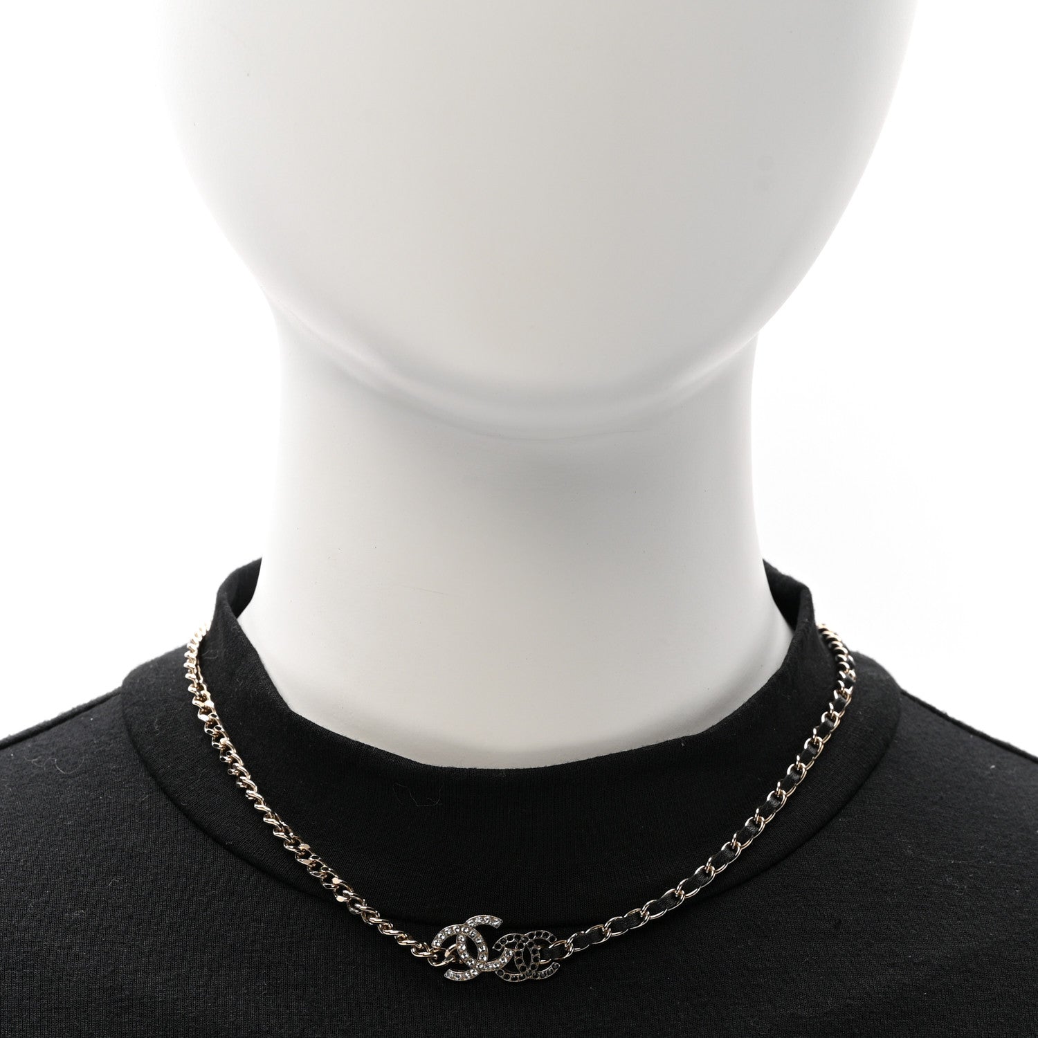 Chanel Metal Calfskin Crystal Double CC Short Necklace Black Gold
