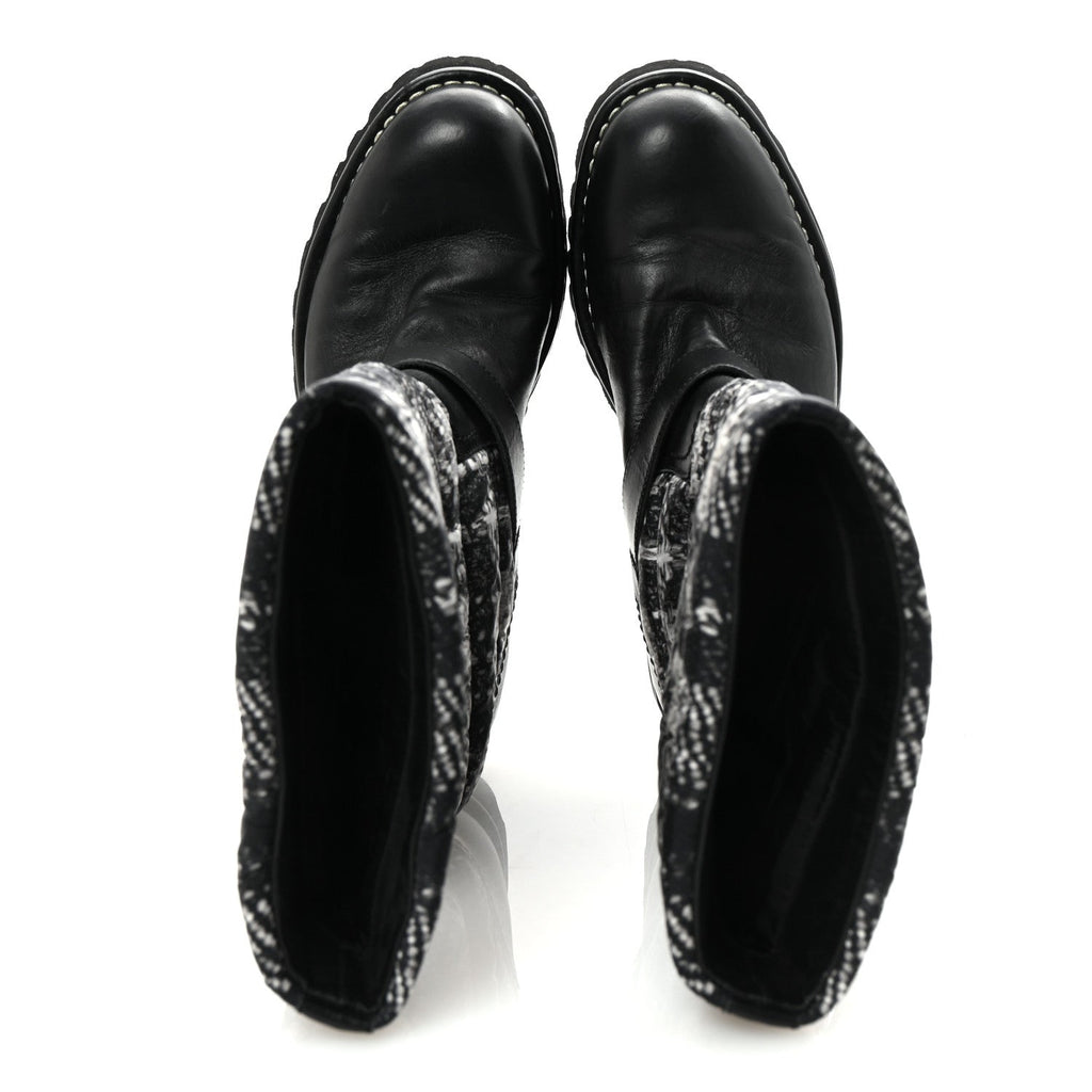 Chanel Calfskin Tweed Nylon Printed Boots 38 Black