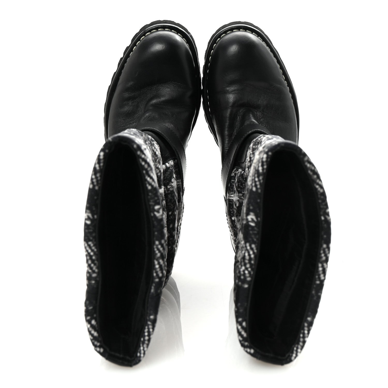 Chanel Calfskin Tweed Nylon Printed Boots 38 Black