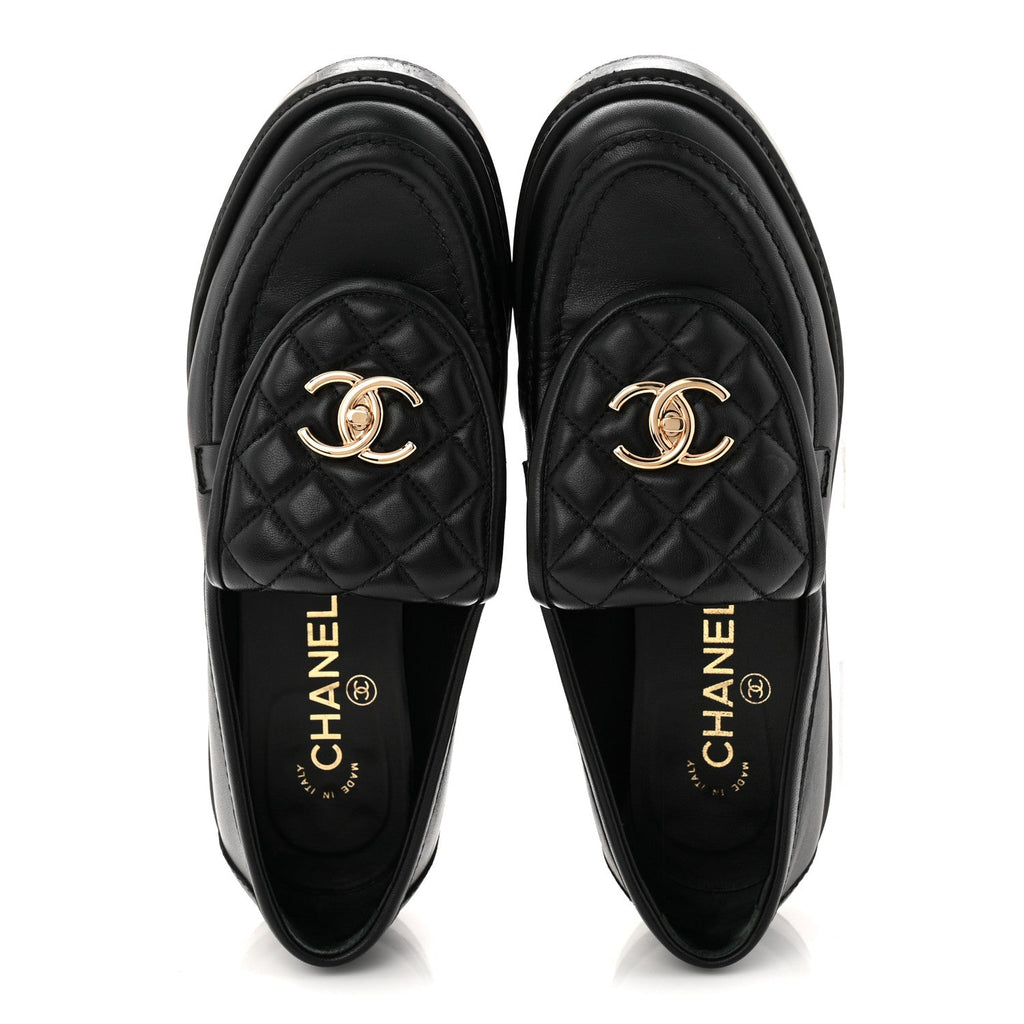 Chanel Lambskin Quilted CC Turnlock Loafers 39 Black
