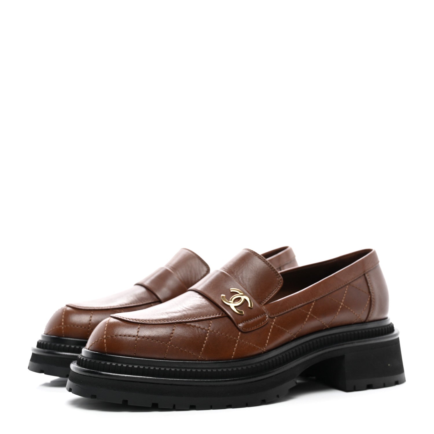 Chanel Calfskin Quilted CC Mocassin Loafers 42 Brown