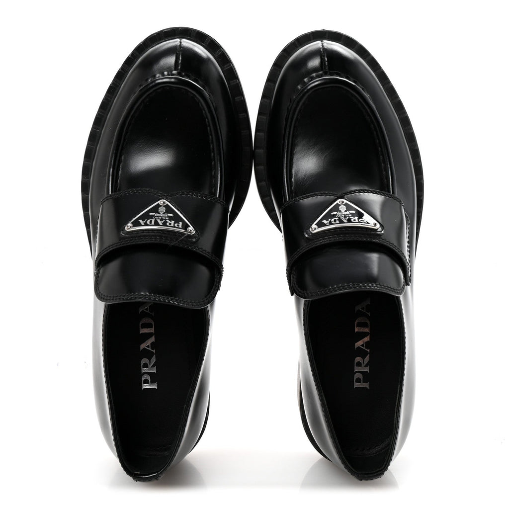 Prada Spazzolato Metal Triangle Logo 50mm Loafers 36.5 Black