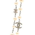 Chanel Graduated Pearl Crystal CC Long Necklace Silver