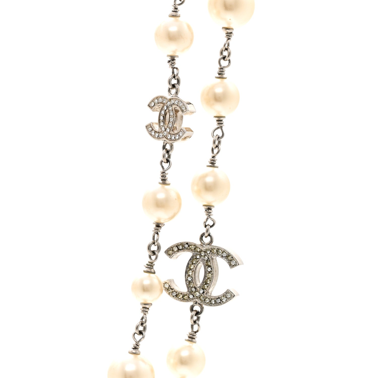 Chanel Graduated Pearl Crystal CC Long Necklace Silver