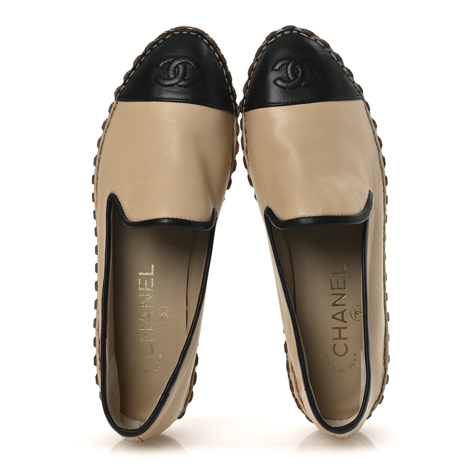 Chanel Lambskin Chain CC Mocassin Loafer Espadrilles 36 Beige Black