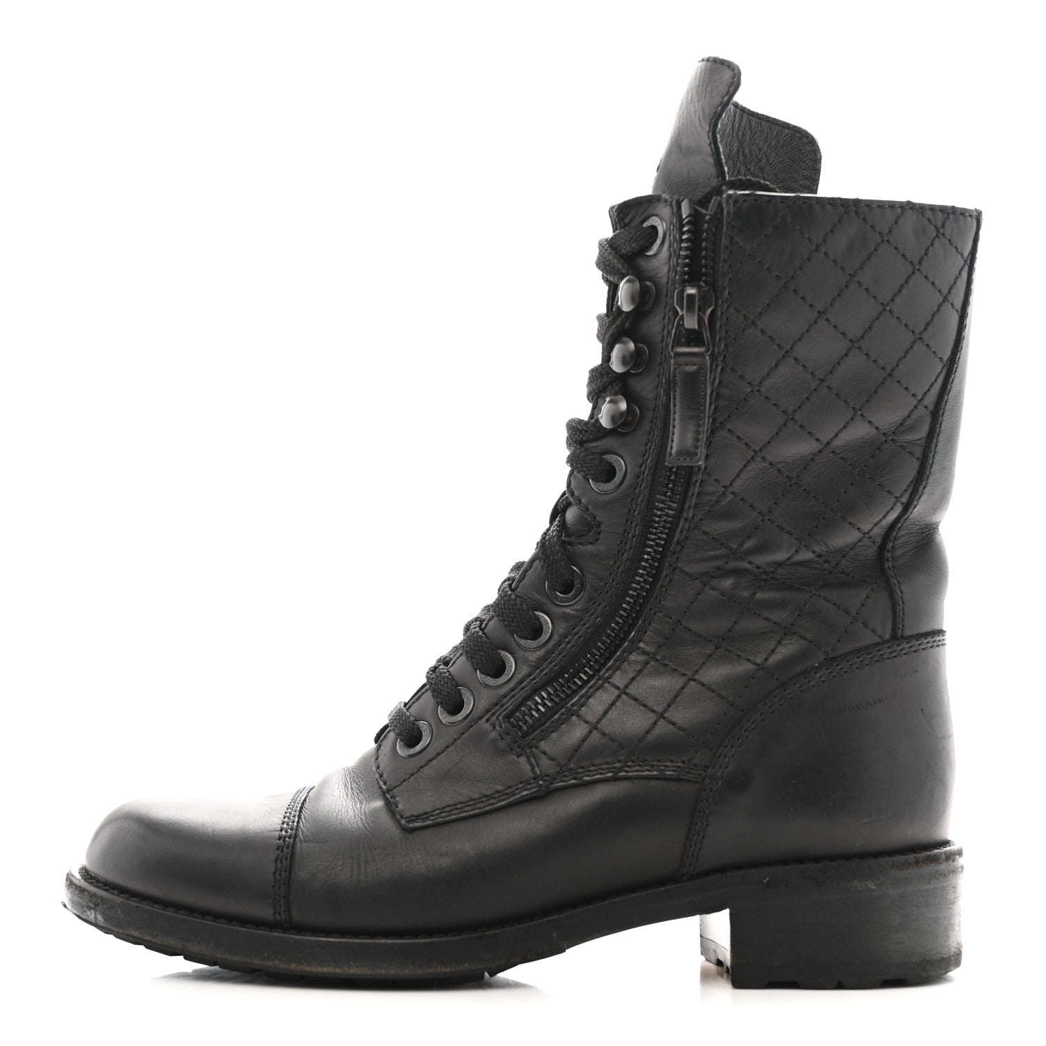 Chanel Calfskin Quilted Lace Up Combat Boots  38 Black