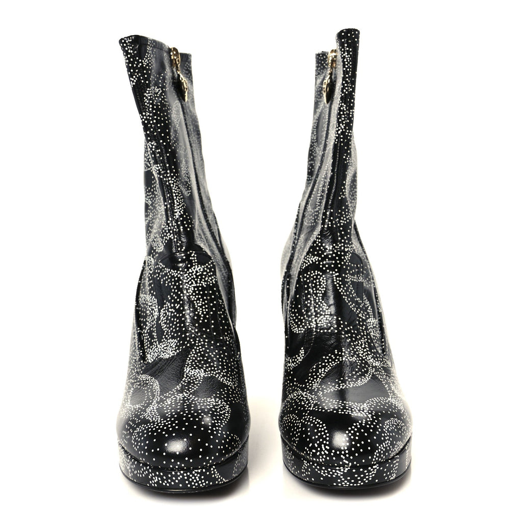 Chanel Calfskin Camellia Printed Ankle Boots 39 Black White