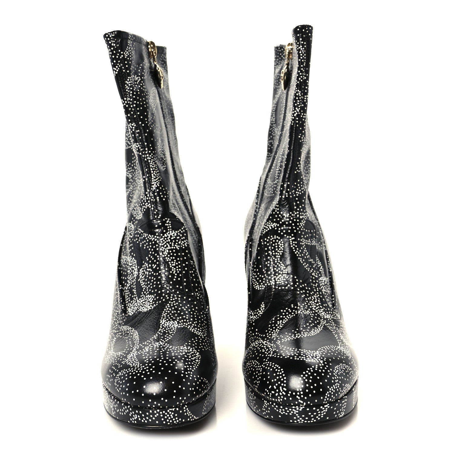 Chanel Calfskin Camellia Printed Ankle Boots 39 Black White