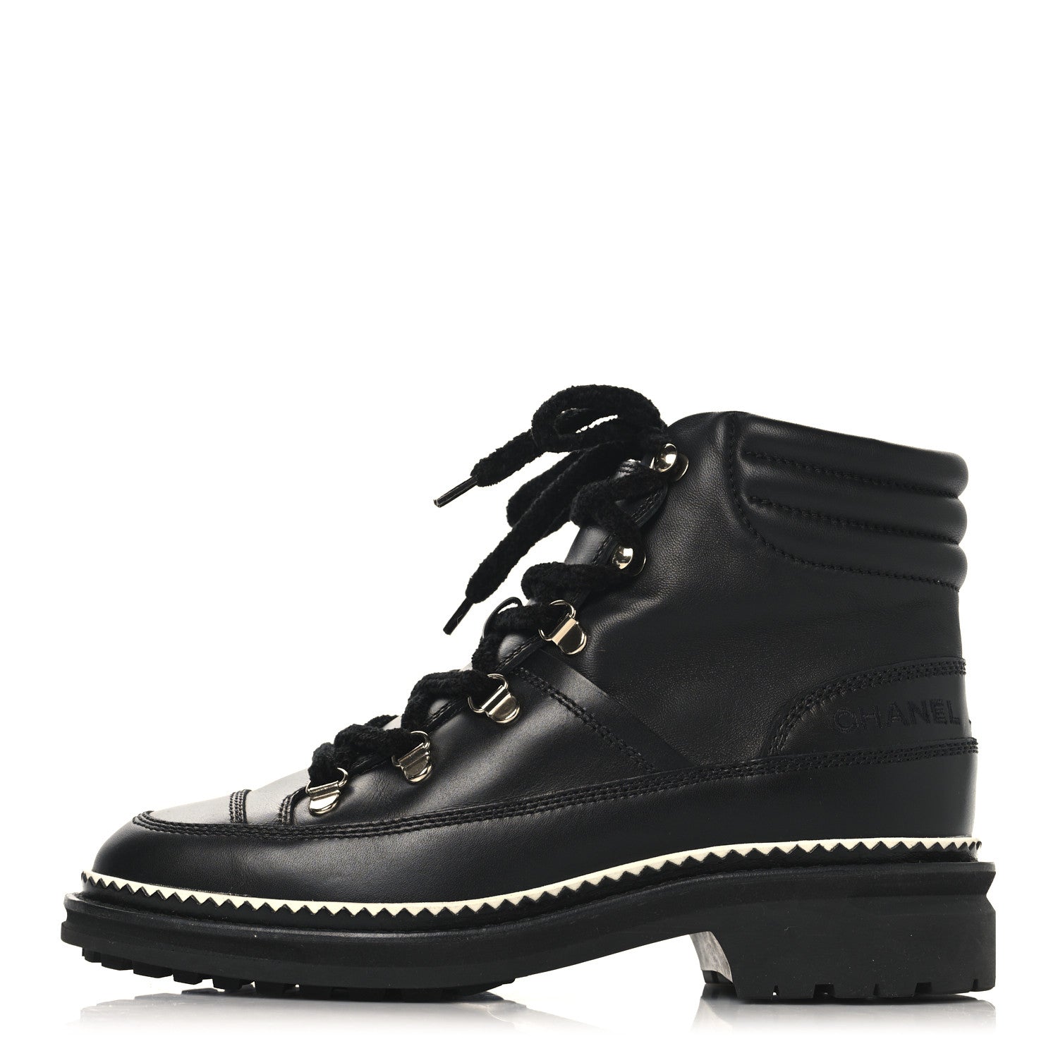 Chanel Calfskin Lambskin Lace Up Boots 37.5 Black