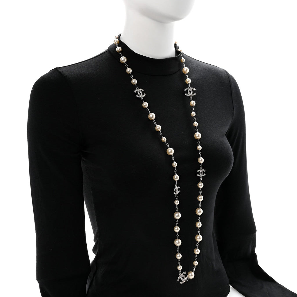 Chanel Graduated Pearl Crystal CC Long Necklace Silver