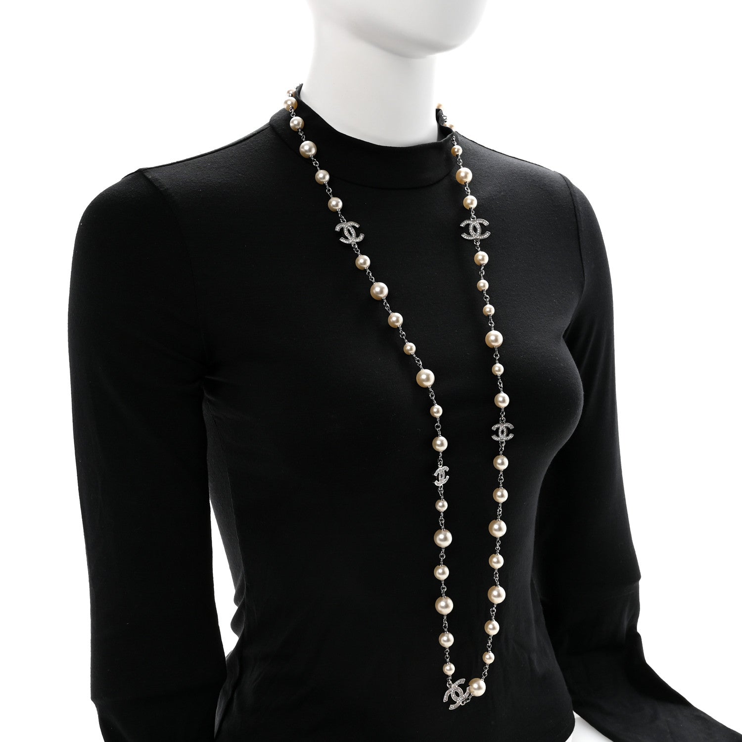 Chanel Graduated Pearl Crystal CC Long Necklace Silver
