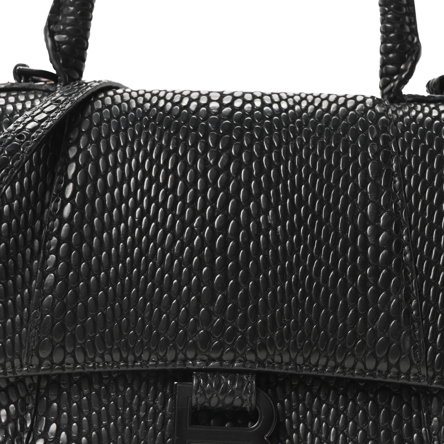 Balenciaga Matte Calfskin Snake Embossed Tonal B Small Hourglass Top Handle Bag Black