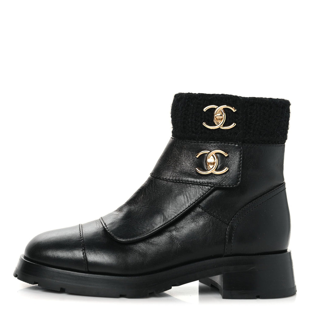 Chanel Calfskin Knit CC Short Boots 41 Black