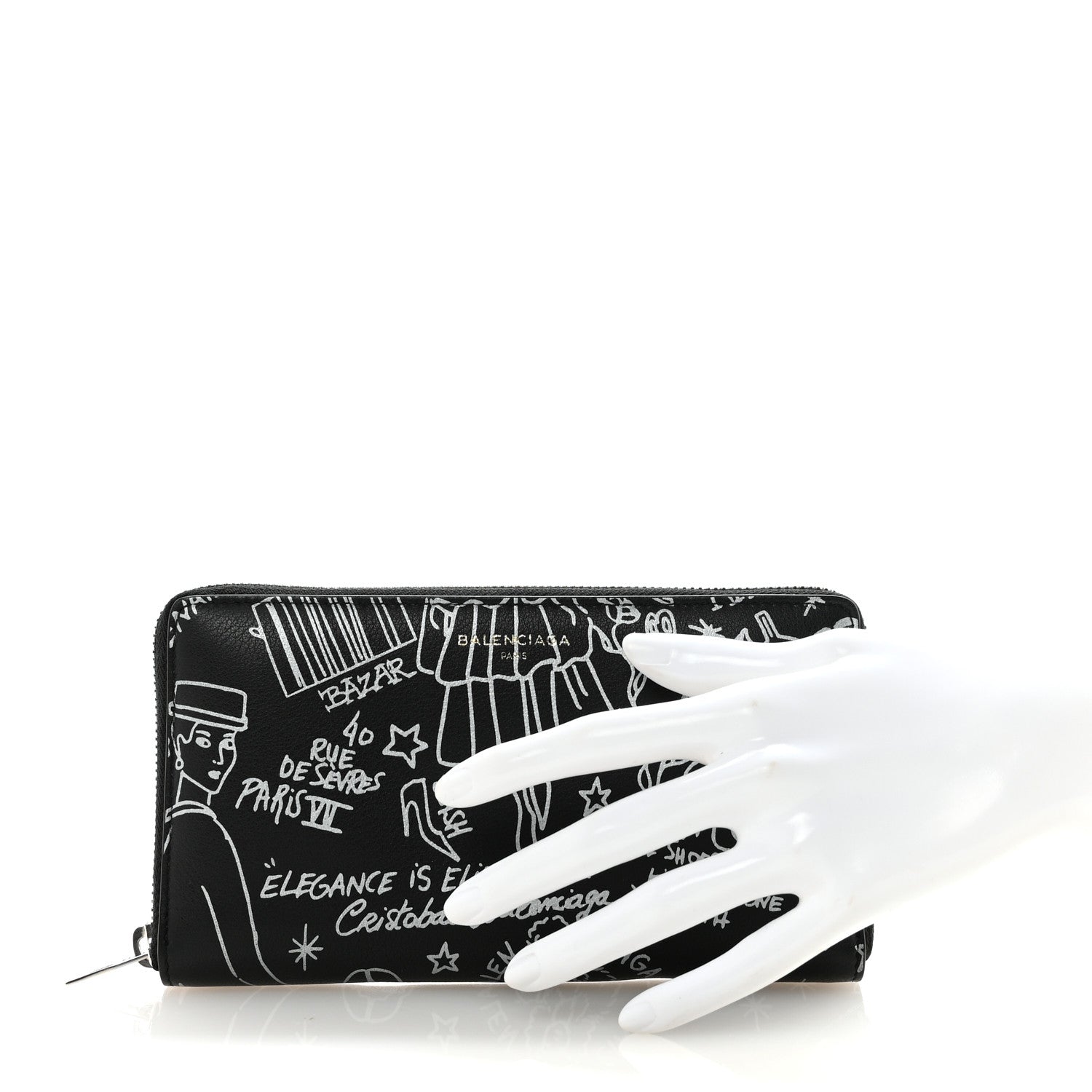 Balenciaga Calfskin Classic Silver Hardware Printed Tattoo Everyday Continental Zip Around Wallet Black