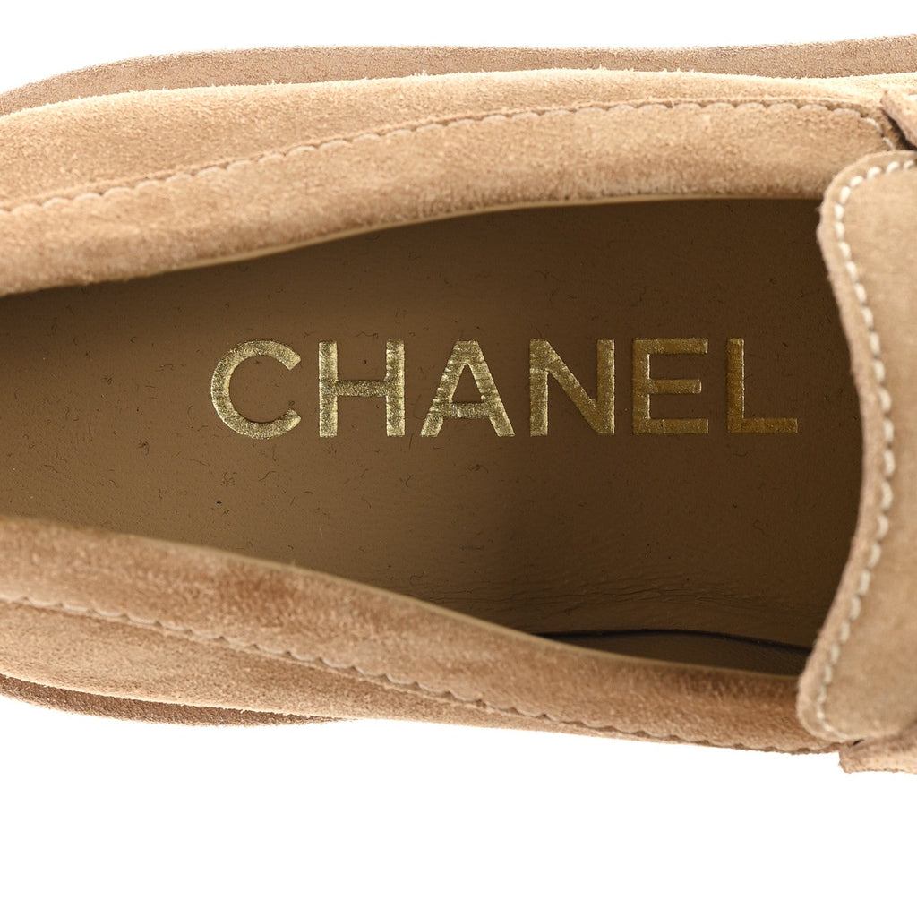 Chanel Suede Calfskin Pearl CC Moccasin Loafers 36.5 Dark Beige