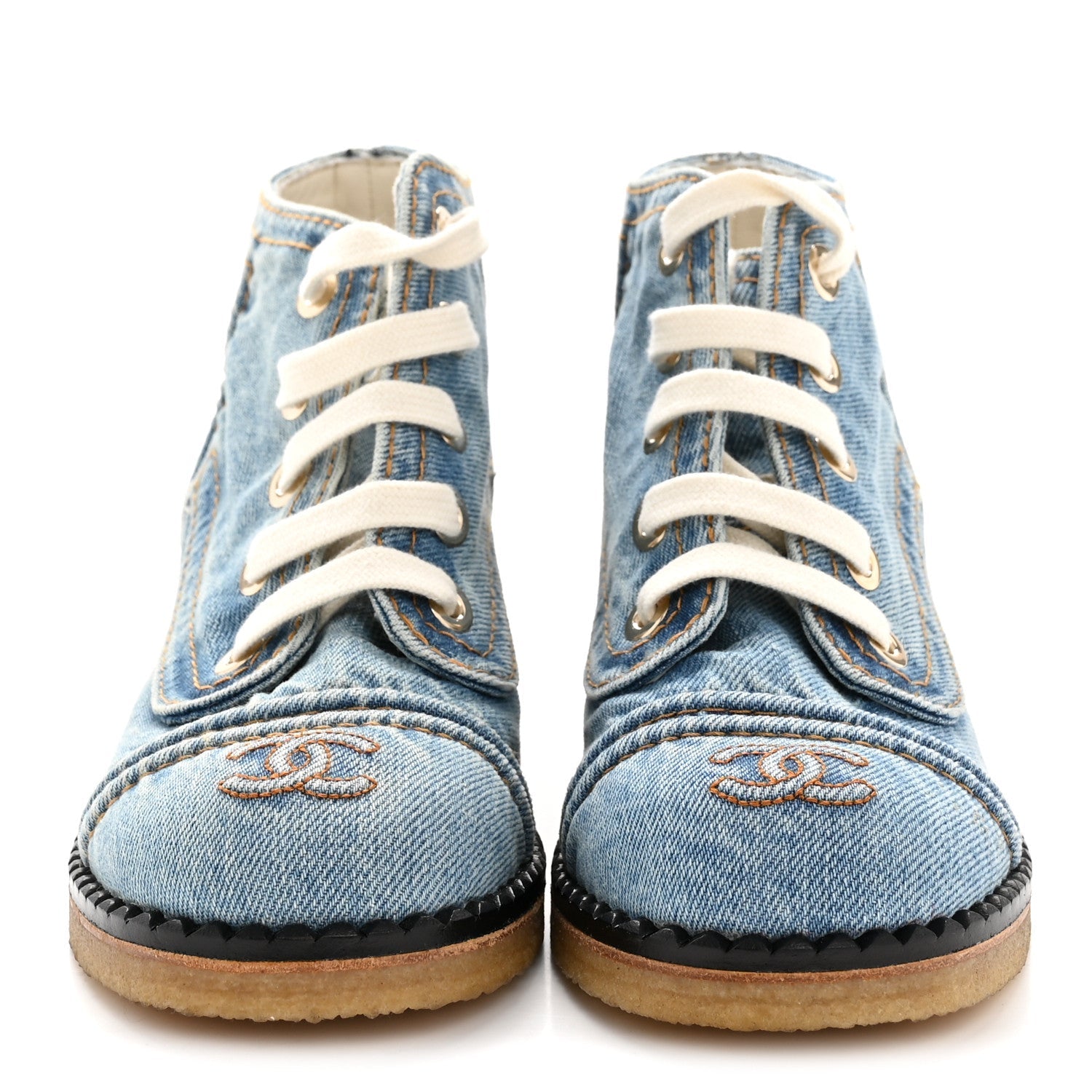 Chanel Denim Lace Up Boots 36 Light Blue