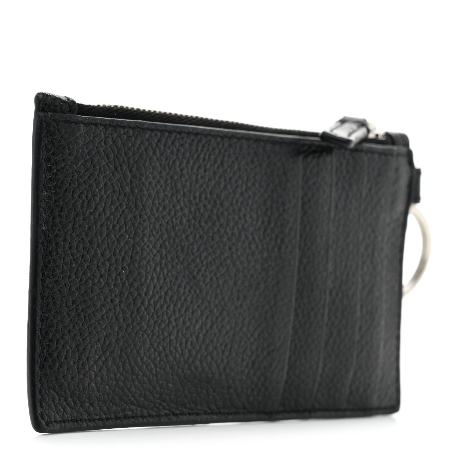 Balenciaga Grained Calfskin Miami Logo Cash Coin Card Holder On Keychain Black