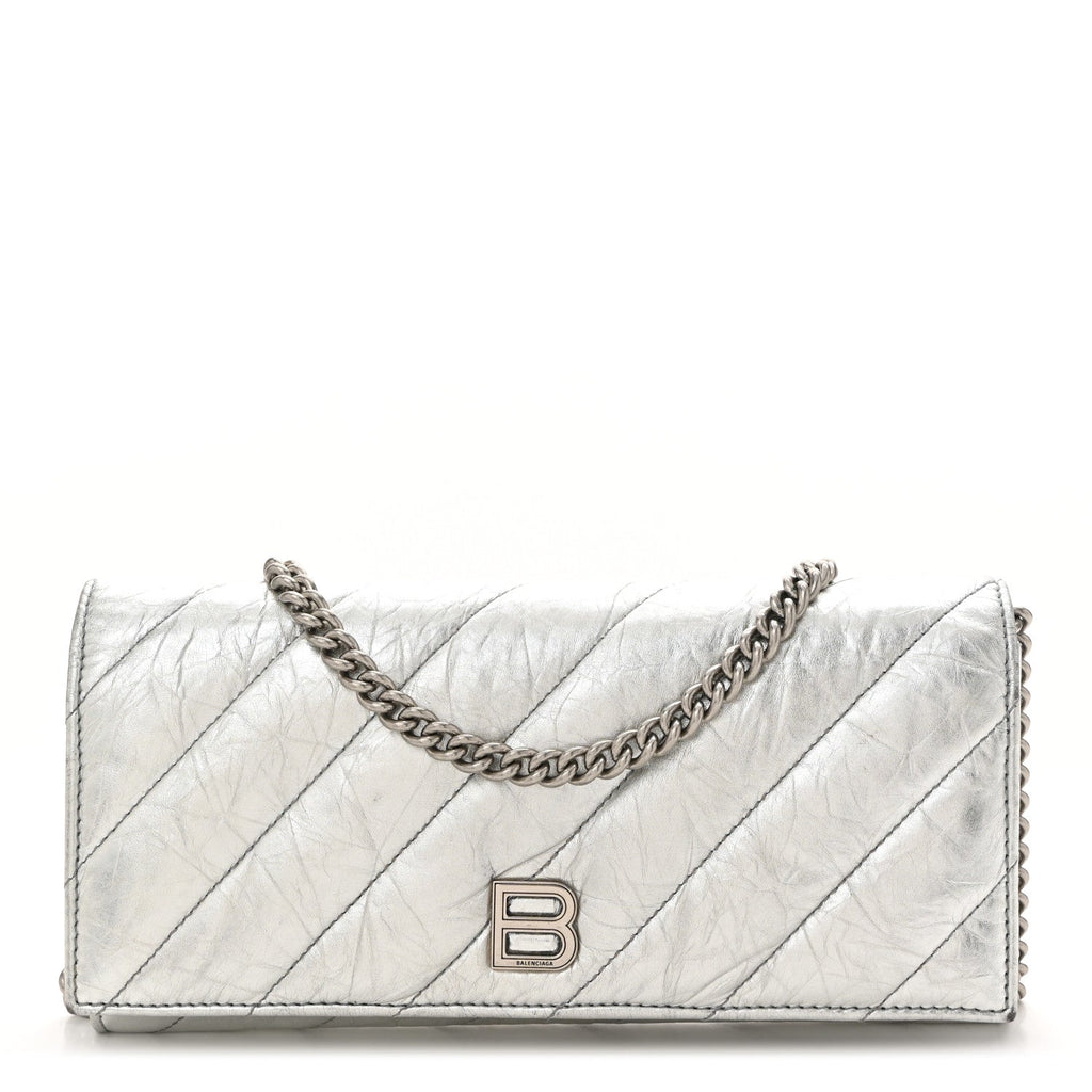 Balenciaga Metallic Calfskin Quilted Crush Wallet On Chain Silver
