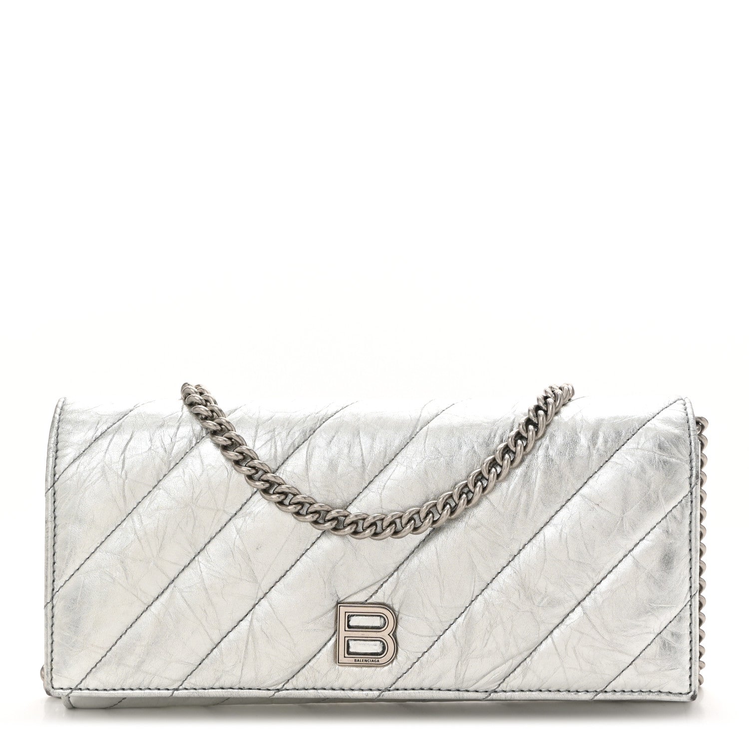 Balenciaga Metallic Calfskin Quilted Crush Wallet On Chain Silver