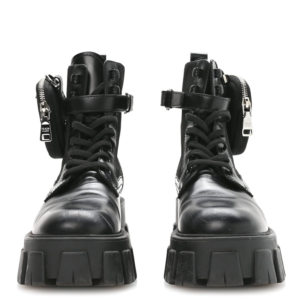 Prada Spazzolato Rois Nylon Metal Triangle Logo Monolith Pouch Pocket 55mm Boots 37 Black