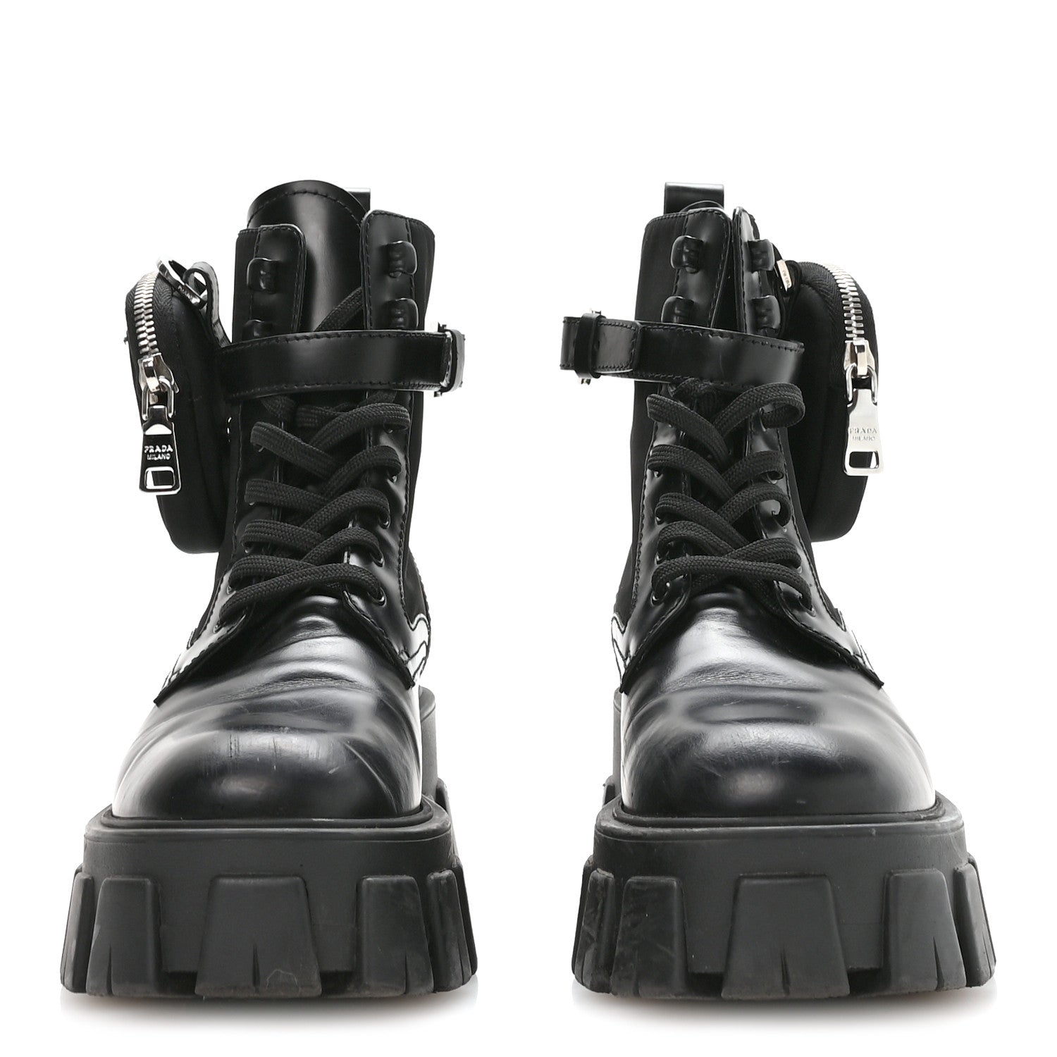 Prada Spazzolato Rois Nylon Metal Triangle Logo Monolith Pouch Pocket 55mm Boots 37 Black