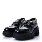 Gucci Magnum Calfskin Nappa Samoa Womens Horsebit Platform Chunky Lug Sole 40mm Loafers 35 Black