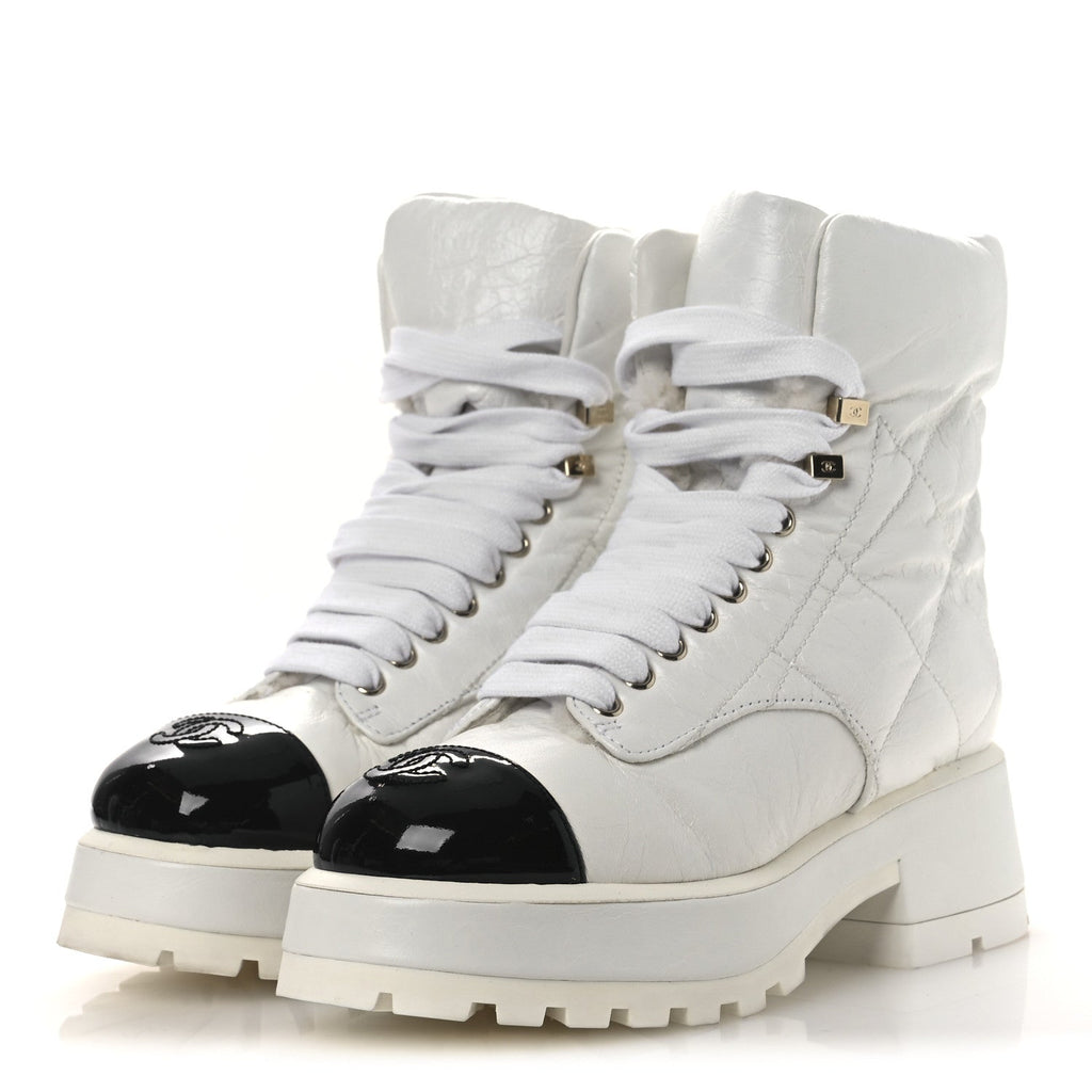 Chanel Crumpled Patent Lambskin Calfskin Quilted Lace Up Combat Boots 37 White Black
