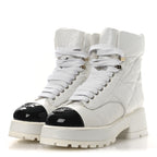 Chanel Crumpled Patent Lambskin Calfskin Quilted Lace Up Combat Boots 37 White Black