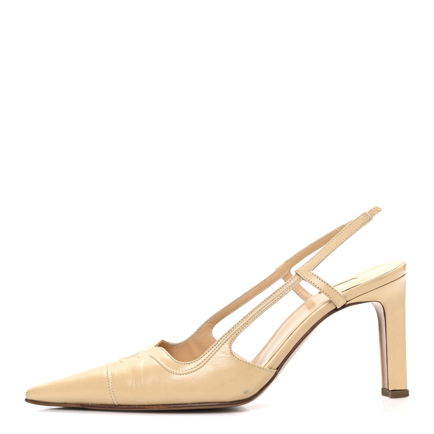 Chanel Lambskin Pointed Toe CC Slingback Heels 37 Beige